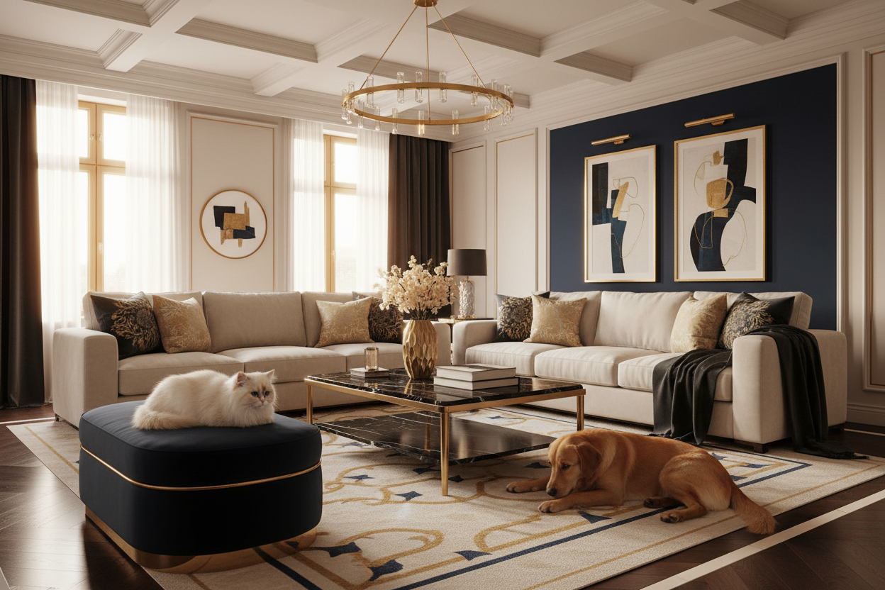 #CBA135,  #1A1A2E, #F5F3EE,  #0D0D0D. A partir de ces codes crée une photo avec un chien et un chat dans un appartement de luxe. La taille ne doit pas dépasser les 20 Mo
