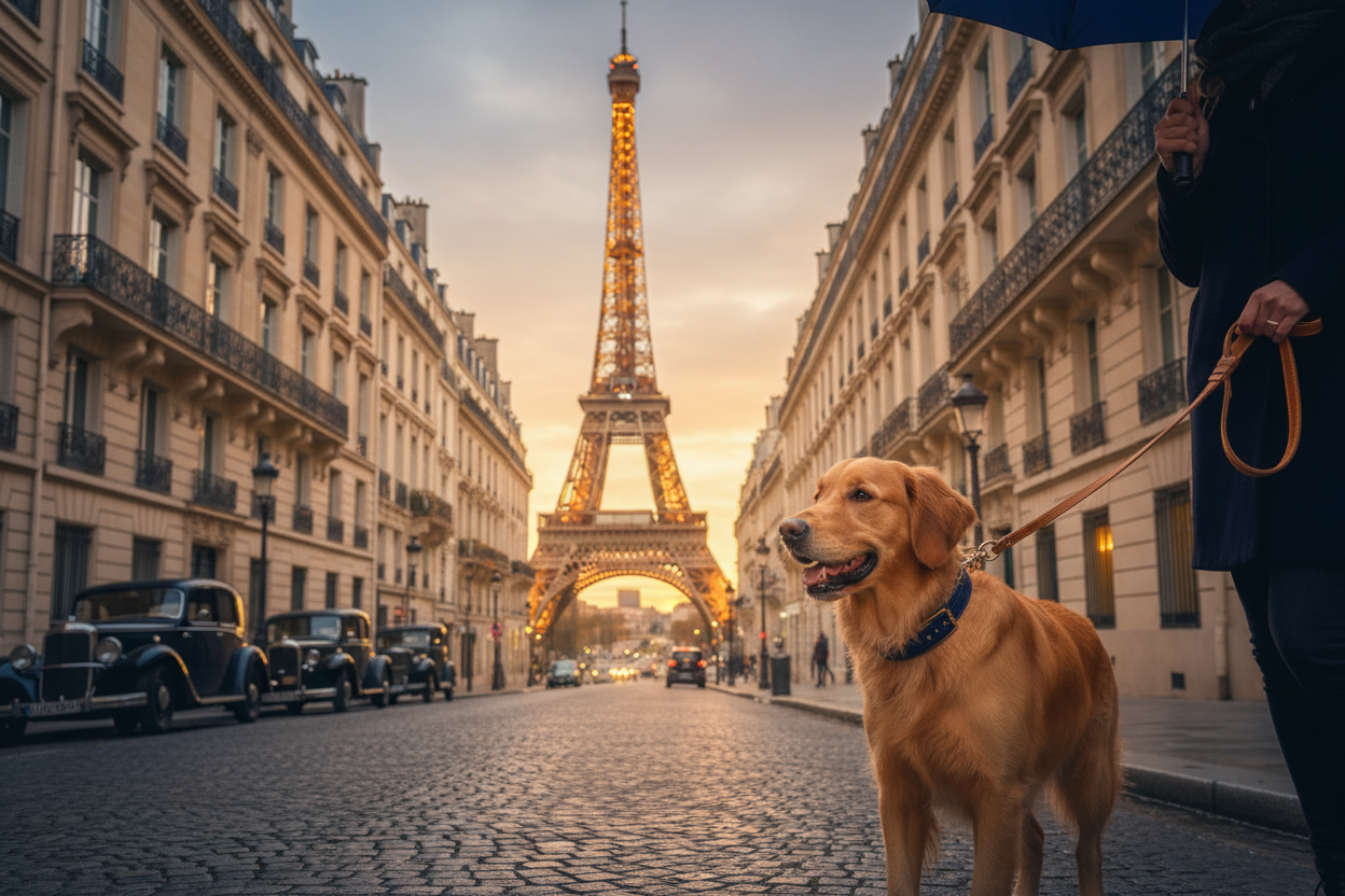 #CBA135, #1A1A2E, #F5F3EE, #0D0D0D. A partir de ces codes crée une photo avec un chien promené en laisse dans la ville de Paris