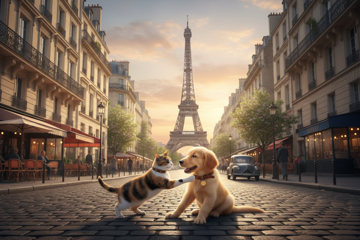 un chat et un chien portant un collier chacun, qui jouent ensemble dans la ville de Paris